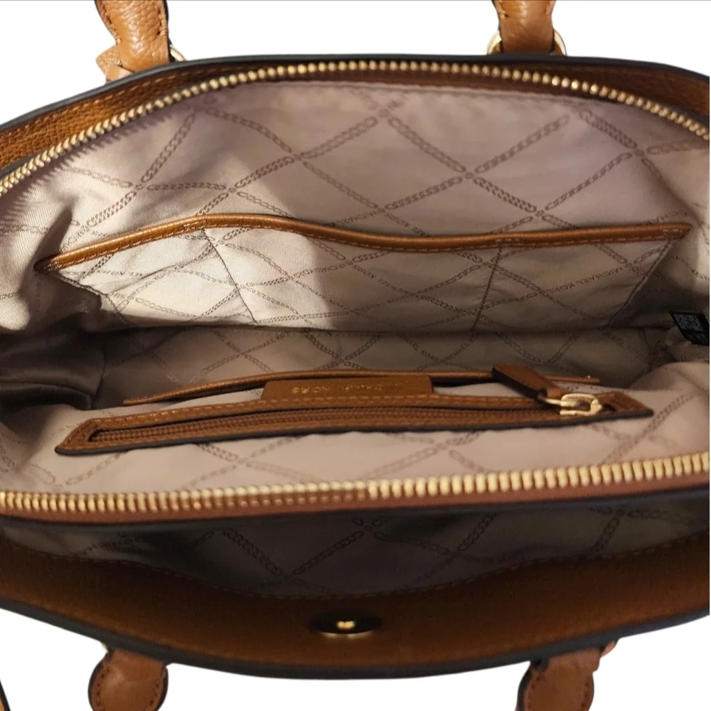 Michael Kors Maxine Pebbled Leather Acorn Tan Dome Crossbody Satchel Bag - Picture 8 of 13